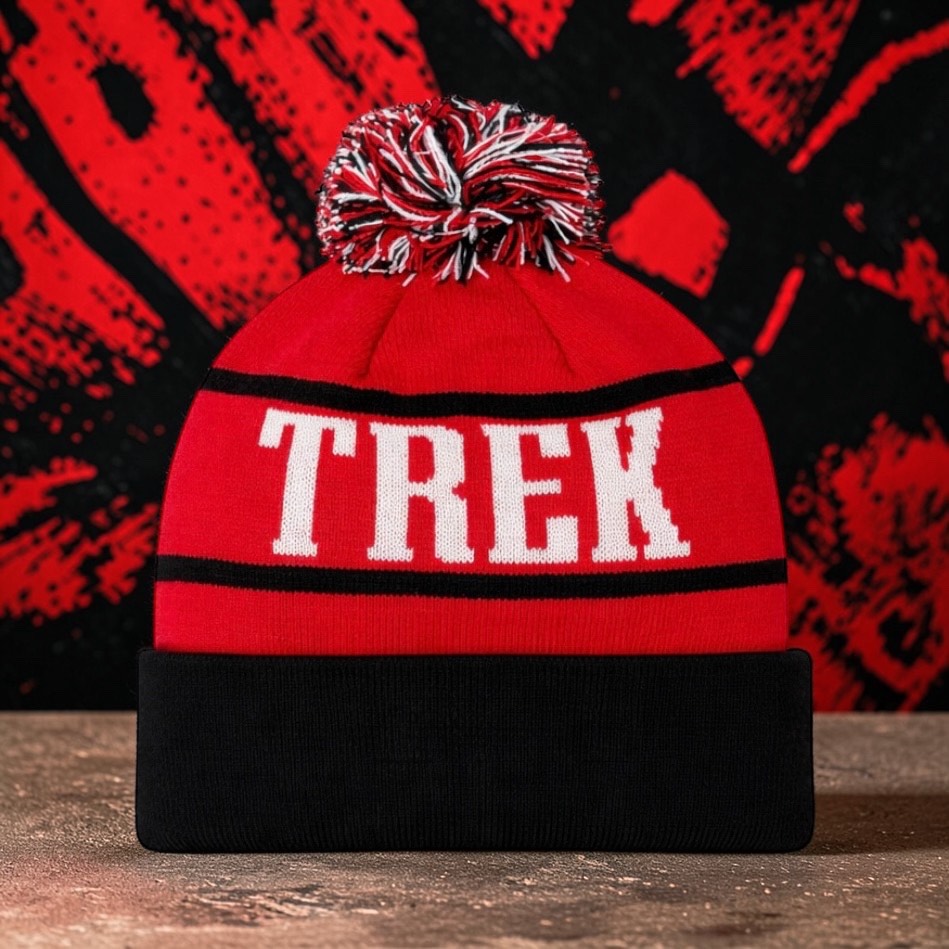 Trek Knitted Cuff Pom Custom Bobble Beanie - Red/Black Unisex
