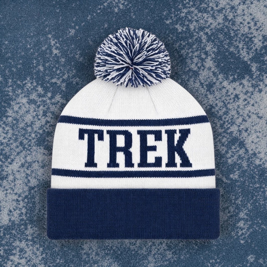 Trek Knitted Cuff Pom Custom Bobble Beanie - White/Blue Unisex
